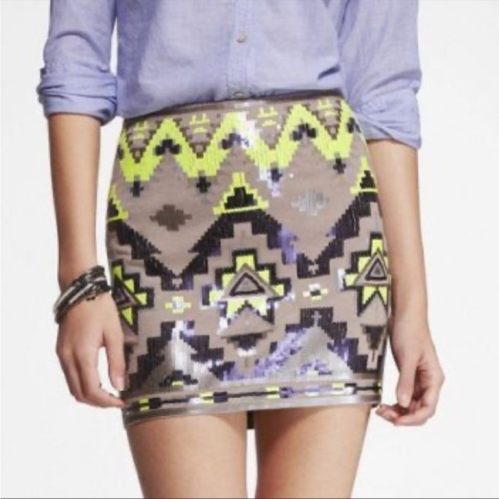 Express Neon Sequin Aztec Print Mini Skirt - Size S